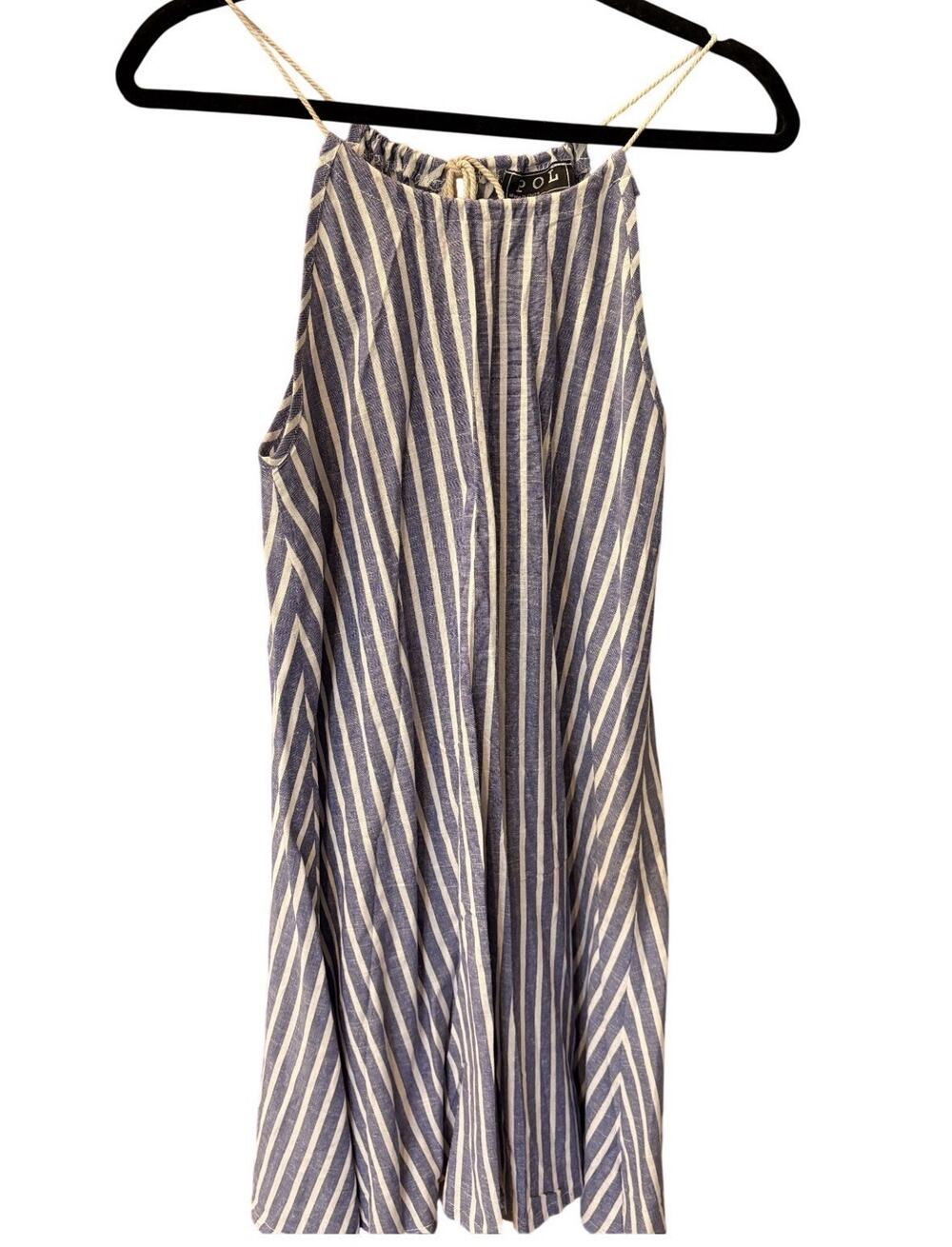 POL Blue/White Striped Halter Tassel Tie Sleeveless Short Knee-Length Dress M